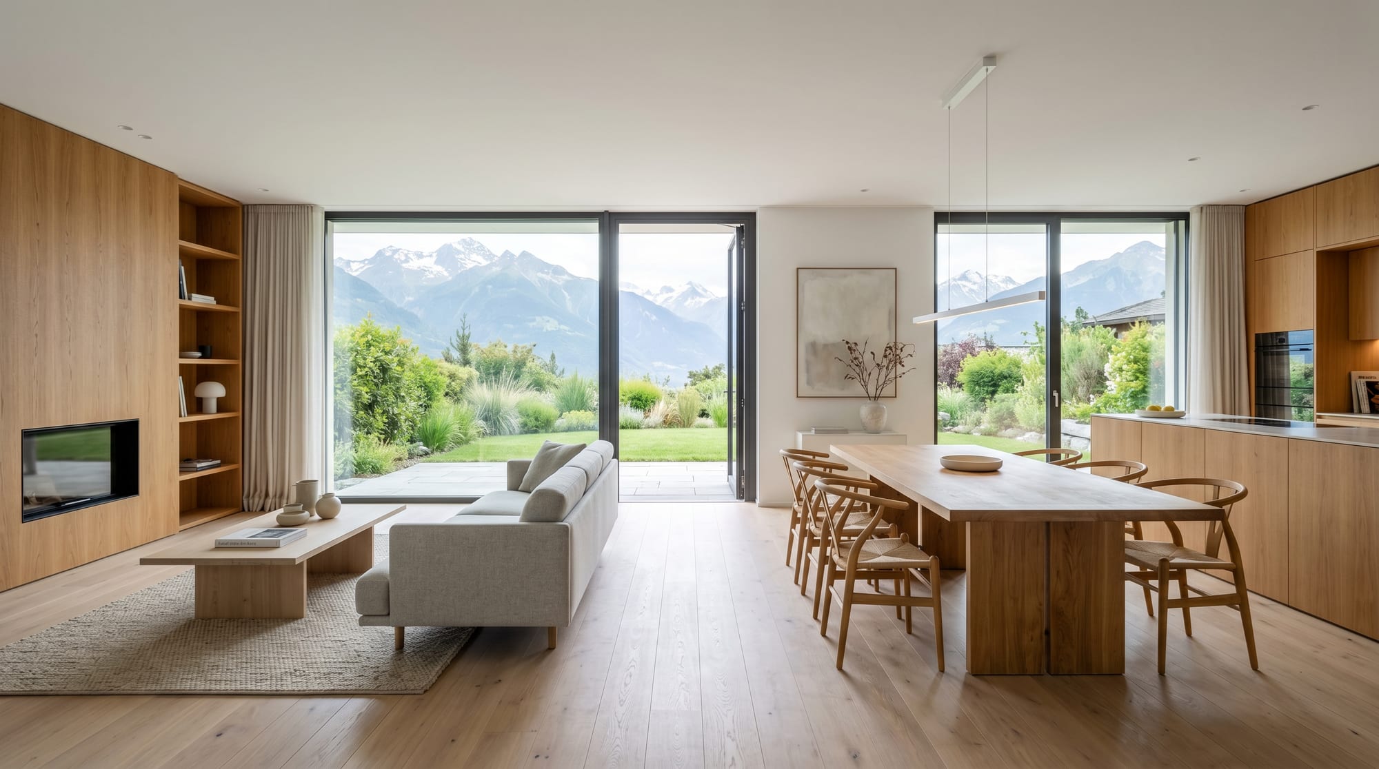 Intérieur lumineux, séjour ouvert bois clair et grandes baies