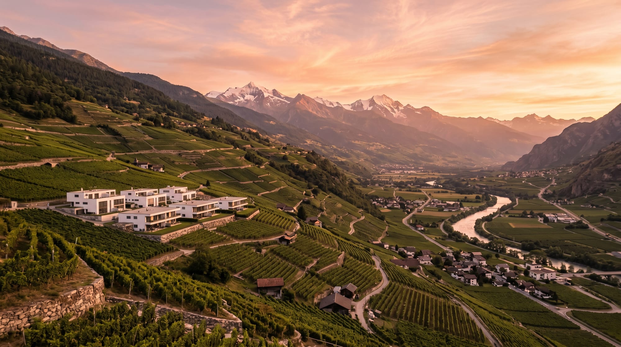 Vallée du Valais central au crépuscule